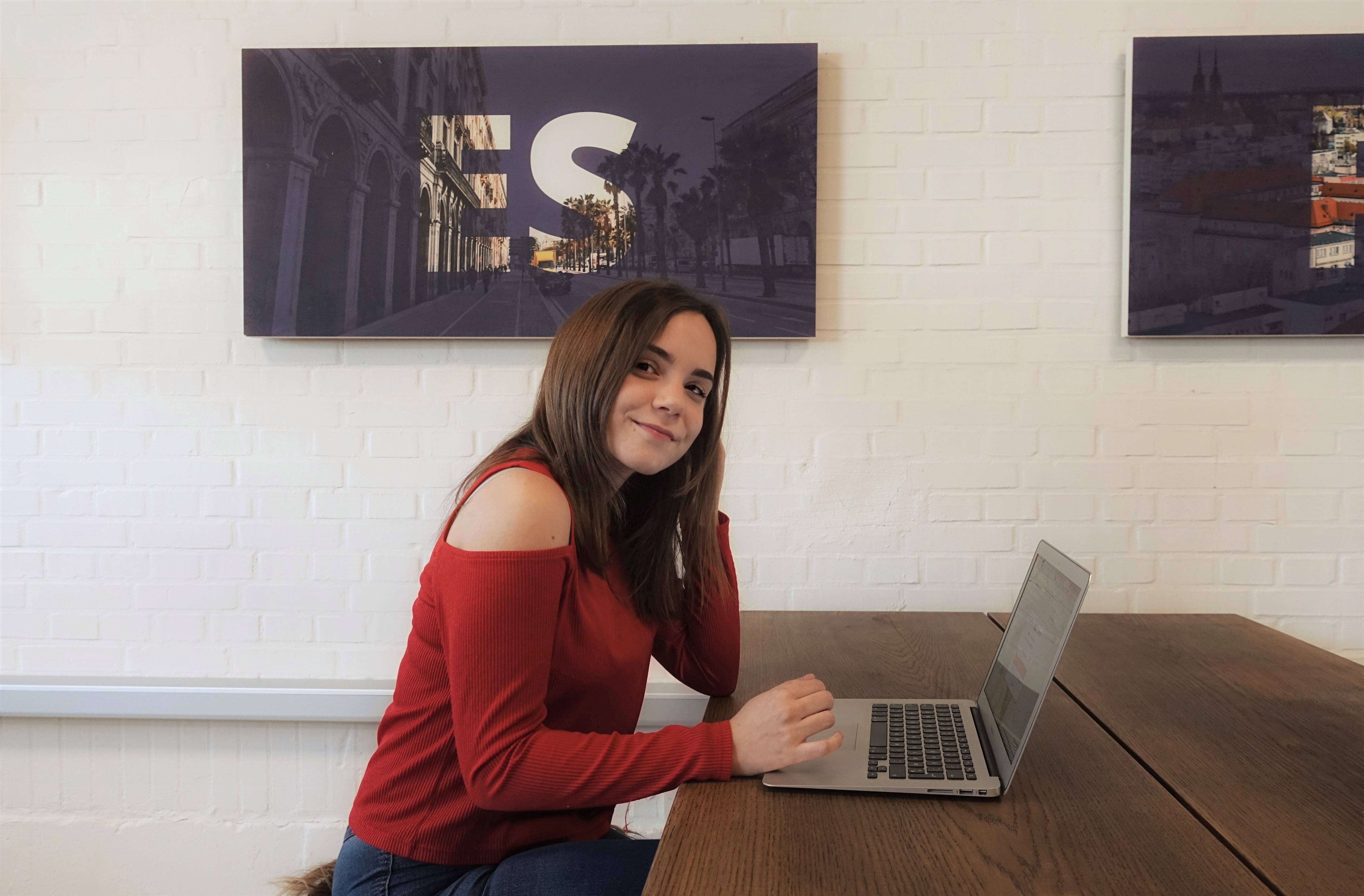 Student on her internship working in the office